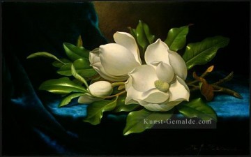  Johnson Malerei - Riesen Magnolias auf einem blauen Samtstoff romantische Blume Martin Johnson Heade